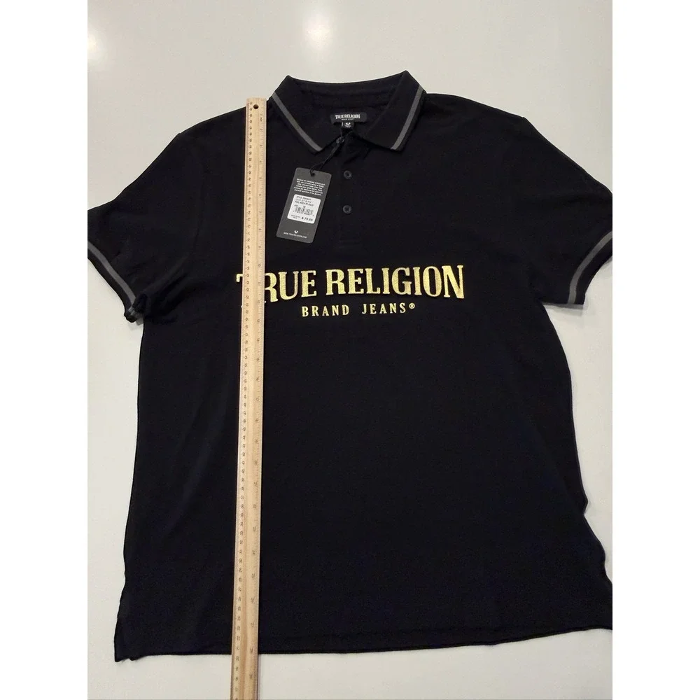 True Religion Foil Arch TR Polo Mens Medium Jet Black Metallic Logo 700497